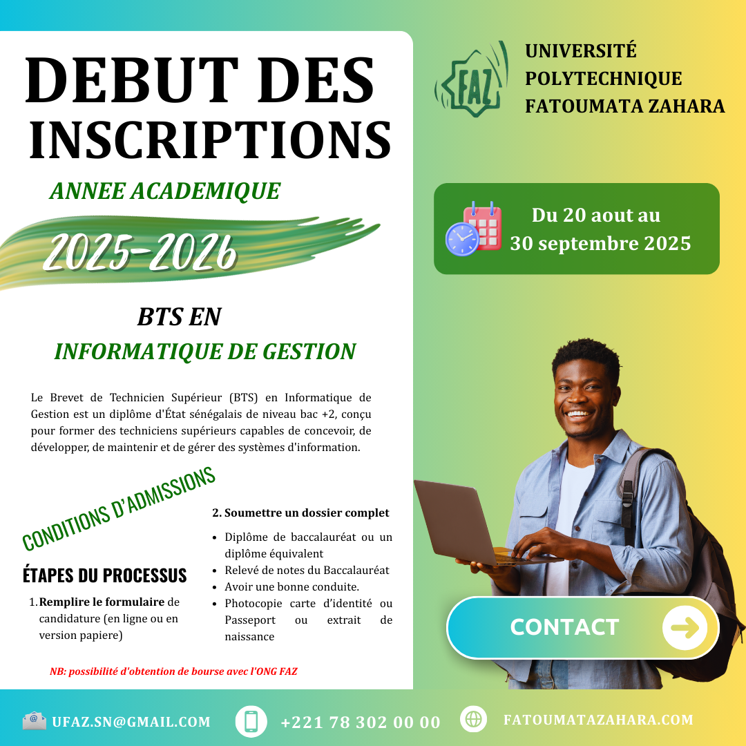 L'Université Polytechnique Fatoumata Zahara (UPFAZ) est ravie d'annoncer l'ouverture des inscriptions pour l'année académique 2025-2026 !